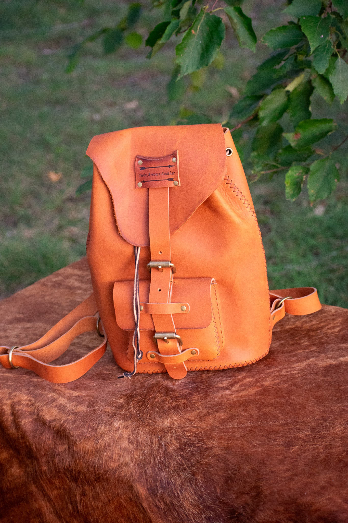 Doula Freyer recycled Colorful Leather Backpack with Orange Flap 11 x 10 Handmade Leather Backpacks from the USA | Olpr.com main image 3